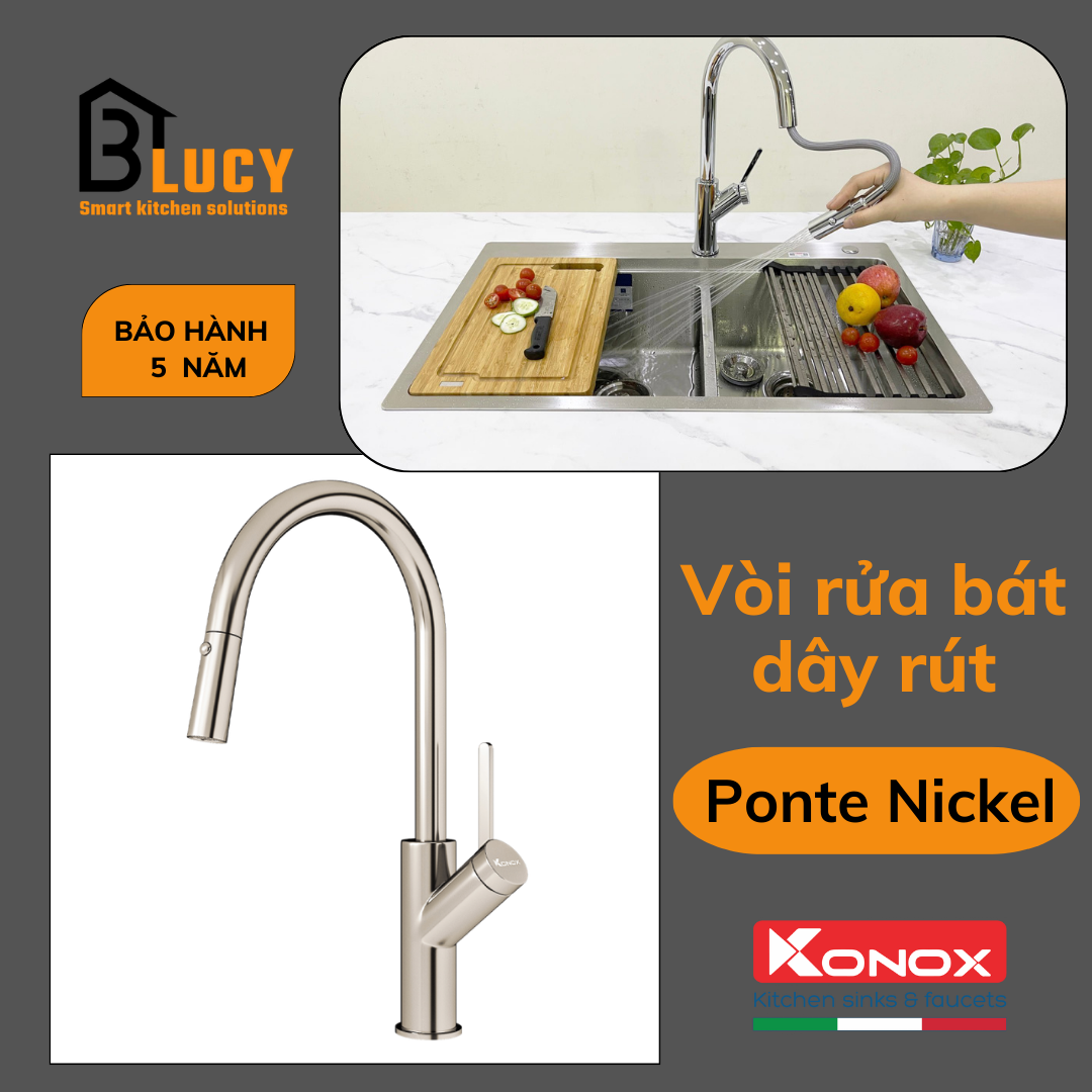 Vòi rửa bát dây rút Konox Ponte Nickel